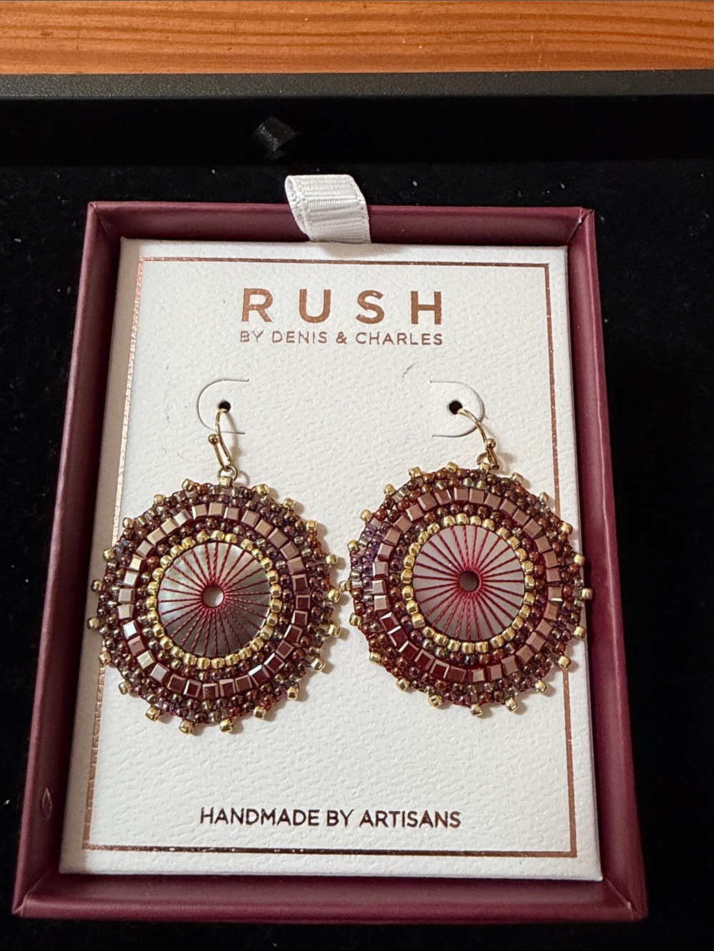 Rush Artisan Made Burgundy Beaded Circle Drop Earrings, NIB